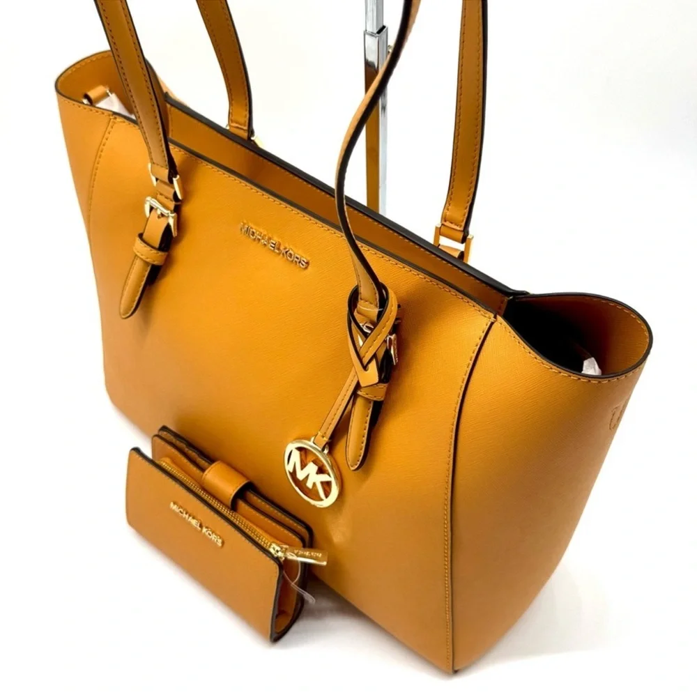 Michael Kors Charlotte LG Tote Bag 3 IN 1 Leather Tote Bag & Bifold Wallet Cider